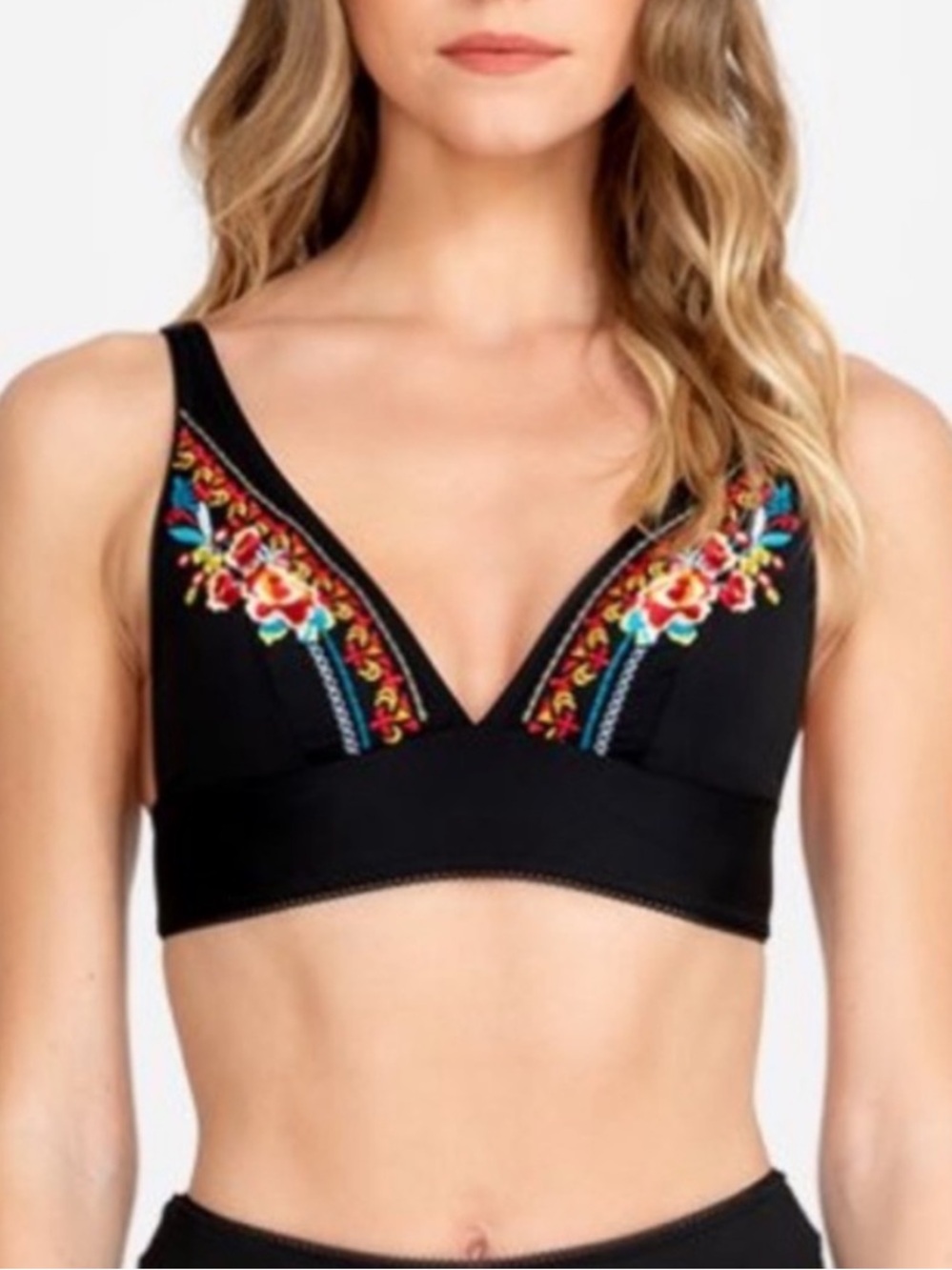 Johnny Was Black Ambrosía Triangle Swim Top with Embroidered Floral Accents XXL